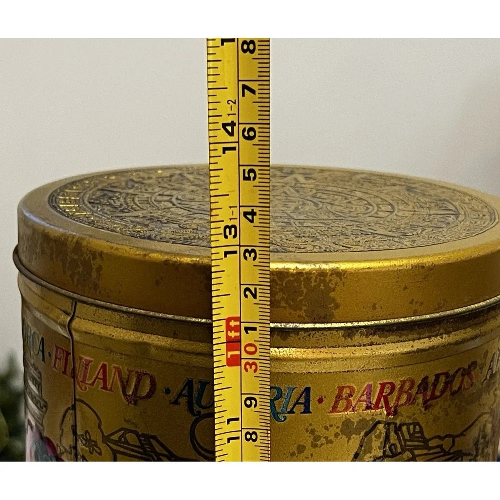 Vtg World Travel Tin Canister Set Kitchen Embossed Retro USA MCM Boho Europe